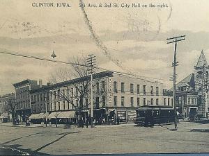 Postcard 1908 View of Cornet Drug Store & Trolley , Clinton, Iowa.    U2