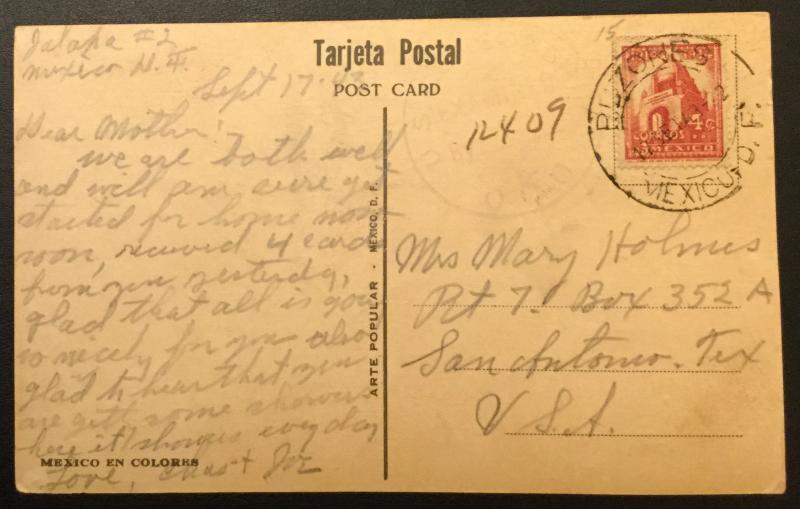 Postcard Used Mexico in Colores Examined by US censor? LB