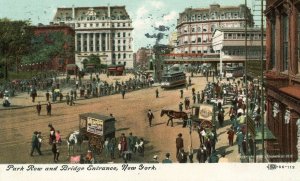 Postcard  View of Park Row,  Bridge Entrance & Trolleys, New York , NY.    U7