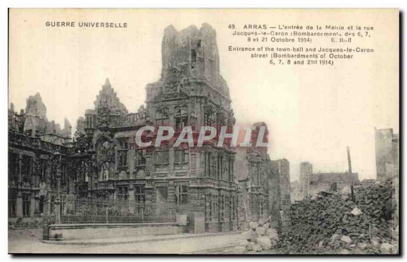 Old Postcard Army Arras World War the entrance of the Town Hall and Caron Str...