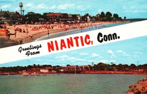 Niantic Connecticut, Greetings From Crescent Beach Bay & Railroad Beach Postcard