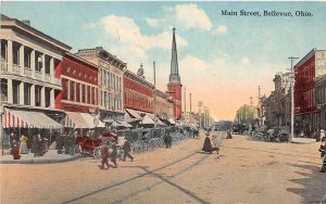 J65/ Bellevue Ohio Postcard c1910 Main Street Stores Wagons Busy 82