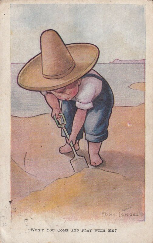 AS: Won't you come & play with me?, Little boy shoveling sand at beach, PU-1910