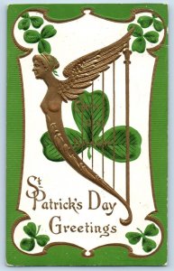 Cobleskill NY Postcard St. Patrick's Day Greetings Harp Shamrock Embossed Posted