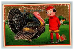 Vintage 1912 Thanksgiving Postcard - Boy with Axe and Big Turkey Lacquer Front