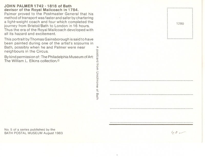 John Palmer. Bath Posmaster Gemeral  Nice modern postcard by Bath Postal Muse