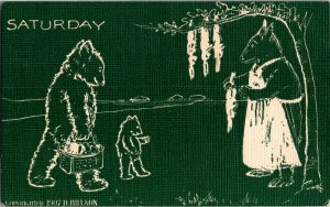 Saturday Days of the Week Bears Picnic Basket, Rabbits Hang in Tree Postcard D75