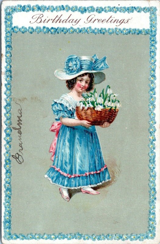 1907 Pretty Victorian Girl Birthday Greetings Germany Embossed Postcard IP