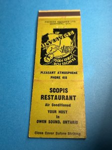 Vintage Matchbook Cover Scopis Restaurant Owen Sound, Ontario, Canada MB130