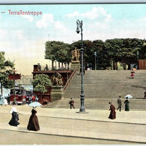 c1900s Dresden, Germany Terrassentreppe Steps Statue Tram River Cute Women A353