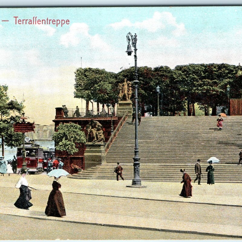 c1900s Dresden, Germany Terrassentreppe Steps Statue Tram River Cute Women A353