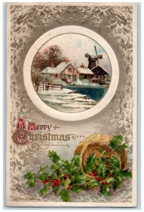 Christmas Holly Basket Windmill Winter Snow John Winsch Artist Signed Postcard