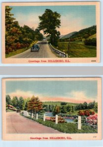 2 Postcards GREETINGS from HILLSBORO, Illinois IL ~ Montgomery County c1940s