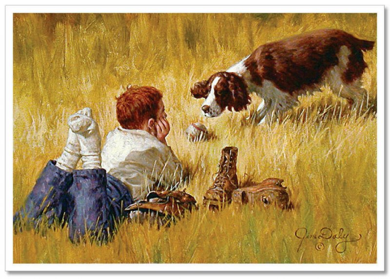 LITTLE BOY and Dog Baseball Setter Friends JIM DALY KIDS ART Modern Postcard