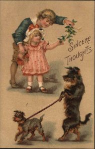 Fantasy Dog Walking Other Dog Under Mistletoe c1910 Vintage Postcard