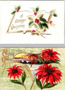 2~Vintage Holiday Greetings MERRY CHRISTMAS Holly Berries~Poinsettia EMBOSSED