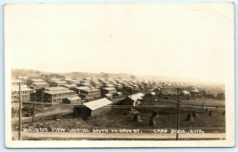 1900s Camp Dodge Iowa Birdseye RPPC South on Main St Real Photo Army Military A4