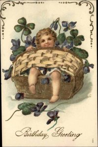 Birthday Little Boy Wicker Basket Fantasy c1910 Vintage Postcard