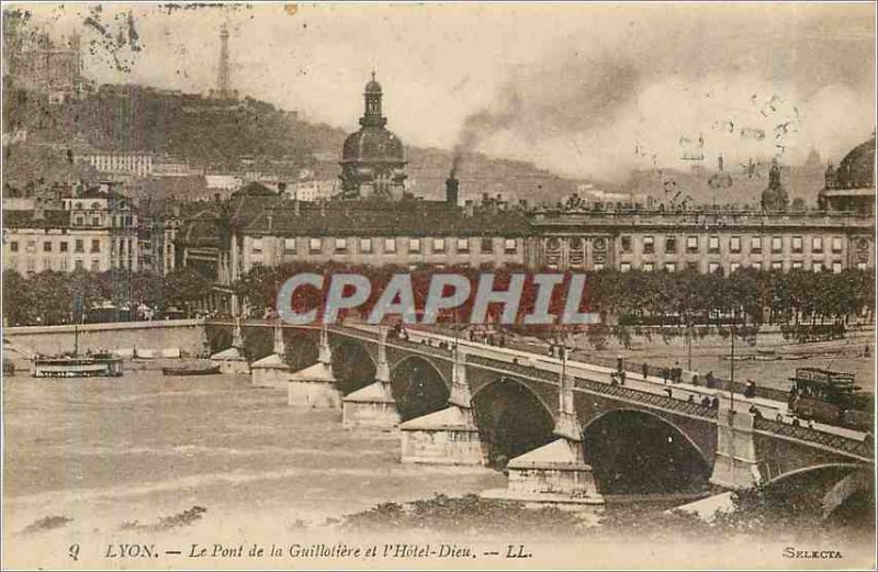 Old Postcard Lyon Guillotiere Bridge and the hotel Dieu