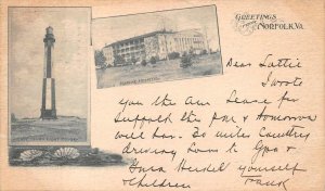 GREETINGS FROM NORFOLK VIRGINIA LIGHTHOUSE & MARINE HOSPITAL POSTCARD 1901