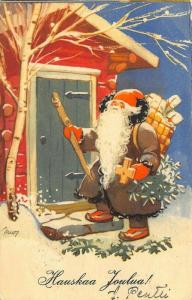 Artist Signed Christmas Brown Robed Santa Claus At The Door Postcard