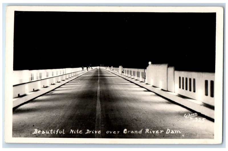 Langley OK, Beautiful Nite Drive Grand River Pensacola Dam RPPC Photo Postcard