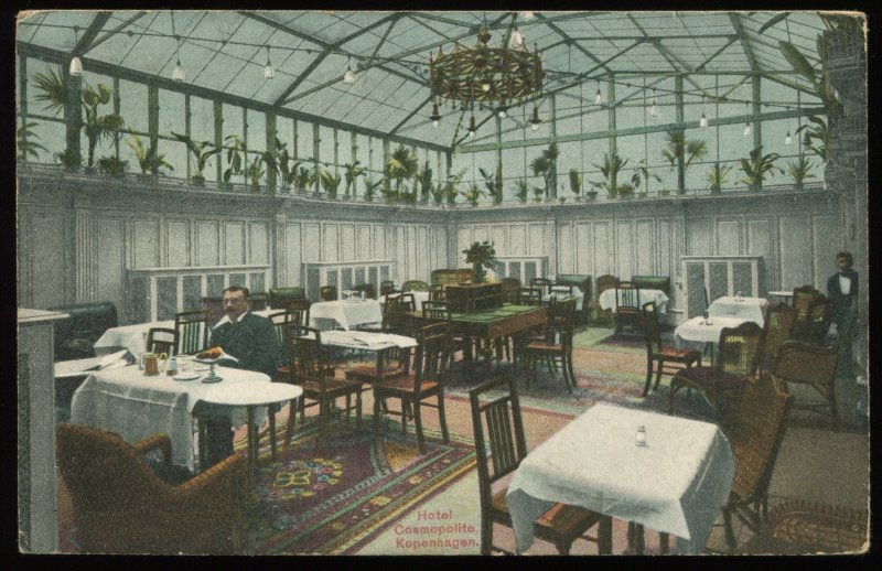 Hotel Cosmopolite, Kopenhagen. Dining Room. Copenhagen, Denmark. Posted in 1909