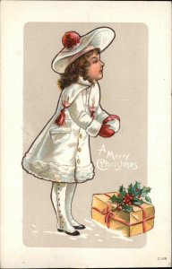 Christmas - Little Girl White Winter Coat & Hat Snowball C-128 Postcard