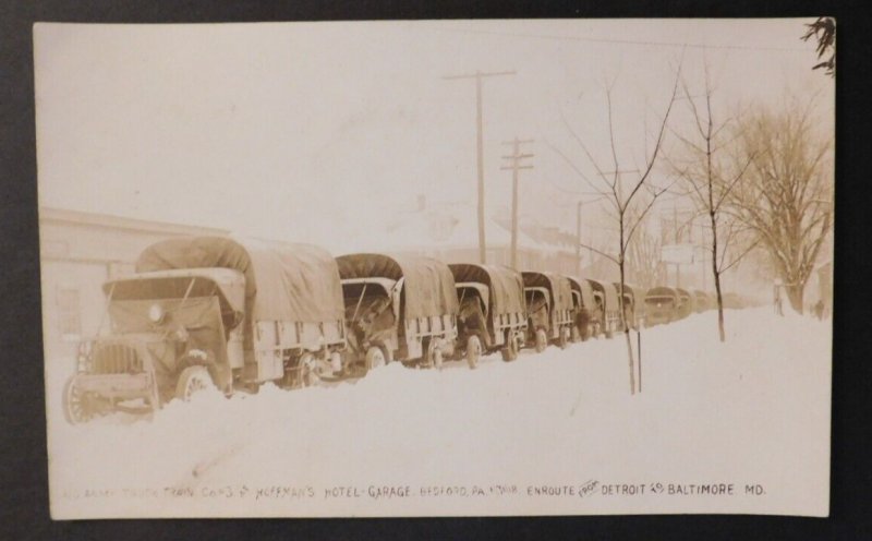 Mint Postcard RPPC US Army Truck Convoy Detroit to Baltimore Stuck in Snow 1918