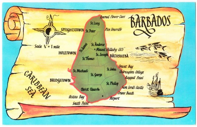 Barbados Map 1960s-1970s Postcard by Wayfarer Bookstore