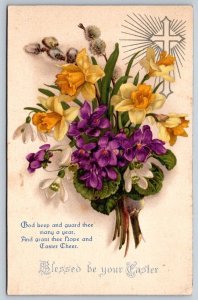 Blessed Be Your Easter, Daffodils, Violets, Cross, Vintage Greetings Postcard