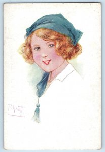 c1910's Pretty Woman Smiling Curly Hair With Hat Signed Artist Antique Postcard