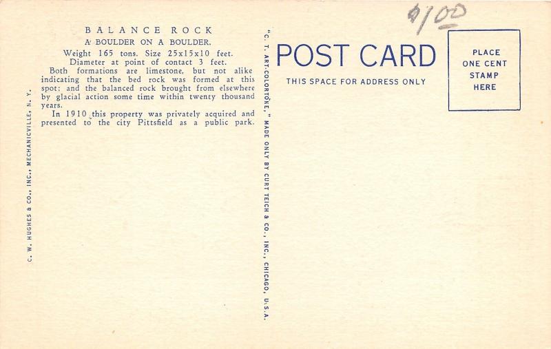 Pittsfield Massachusetts~Balance Rock~Writting & Signs on Rock~1934 Postcard