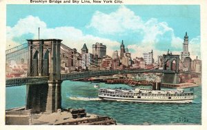 Vintage Postcard Brooklyn Suspension Bridge Sky Line Boats Ships New York City