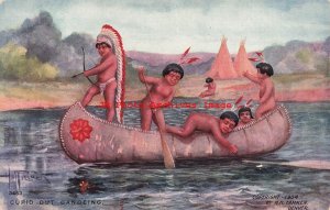 3 Postcards, H.M. Pollock, Native American Indians, Cupid on Warpath, Canoeing
