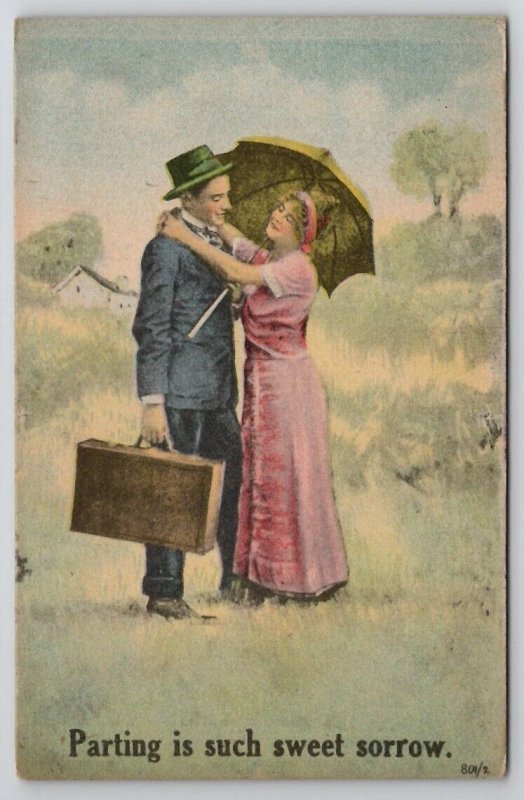 Romance Man And Luggage With Woman In Field Parting Sweet Sorrow Postcard B40