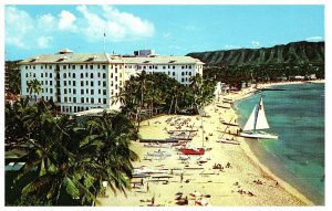 Moana Hotel Panoramic w Waikiki & Sail Boats Hawaii Postcard 1959