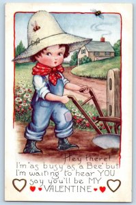 Valentine Postcard Children Boy Farming Daisy Flowers Embossed Lancaster PA 1912