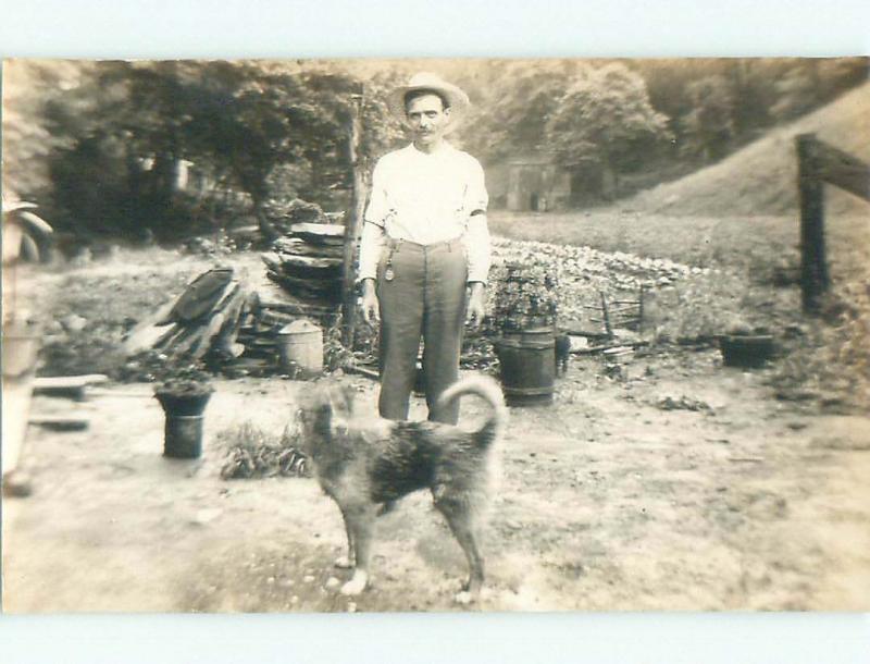 Pre-1920 rppc MAN WITH DOG Whiskey Run - Quaker City Ohio OH i7117