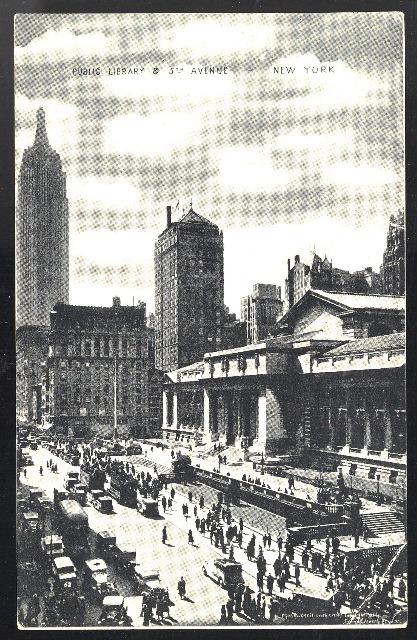 NY Manhattan Public Library and Fifth Ave.Cars New York City 1934 Postcard