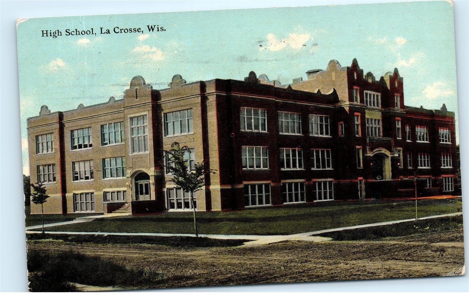1911 High School Building La Crosse Wisconsin old Vintage postcard A83