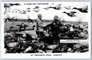 Emerson Manitoba Canada Postcard Exaggerated Ducks Hunters c1910 RPPC Photo