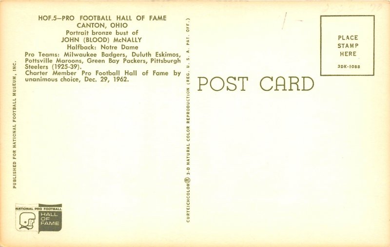 Canton Ohio 1960s Postcard Pro Football HOF John Blood Mcnally Bust