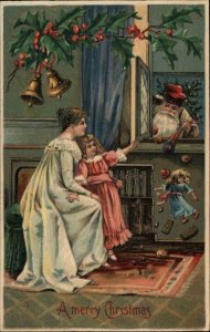 Christmas - Mother & Daughter Santa Claus at Window BW 296 Postcard bnhs