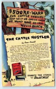 THE CATTLE RUSTLER Postcard Western Theme Storiette c1940s Linen Postcard