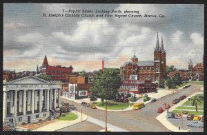 Poplar Street With Catholic & Baptist Churches Macon Georgia Unused c1942