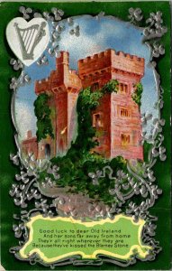 St. Patrick's Day Postcard Castle, Silver Clovers and Harp Ireland Blarney Stone