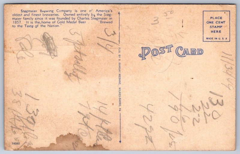 K43/ Wilkes-Barre Pennsylvania Postcard Linen Stegmaier Beer Brewery  373
