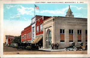 Postcard OH Washington C.H. Court Street from Fayette Street Old Cars 1920s B9