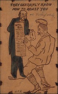 Man with Hotel Bill Real Leather Novelty c1910 Vintage Postcard